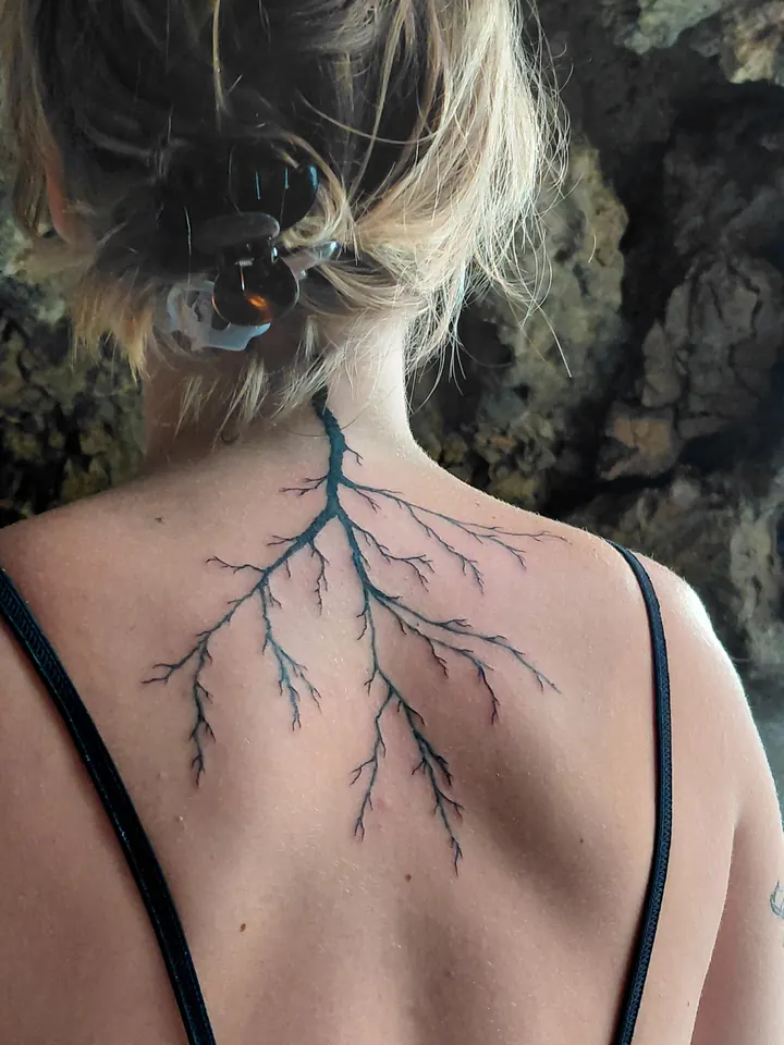 Cover-up, after: branching lines like lightning, from the neck across the back