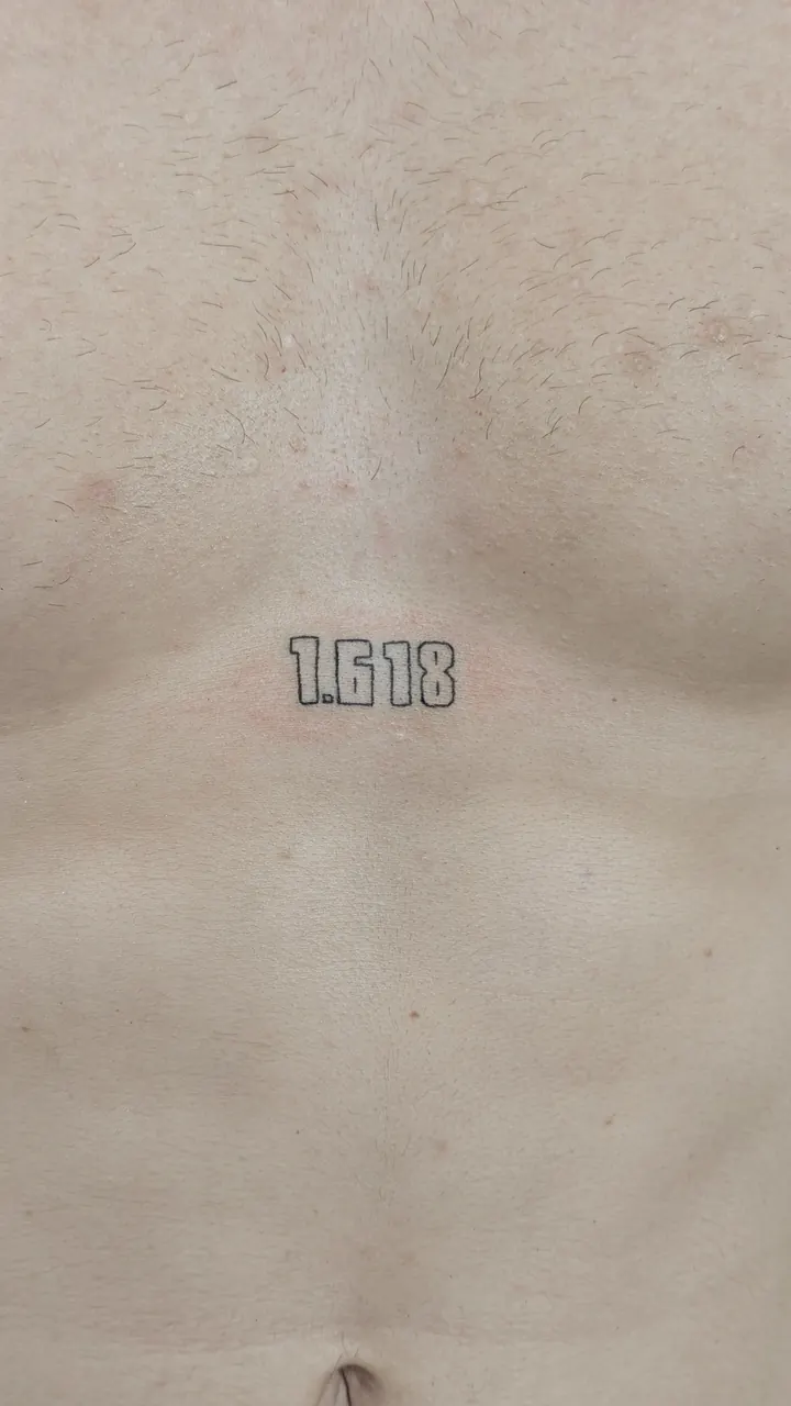 The number 1.618, the golden ratio, on the chest