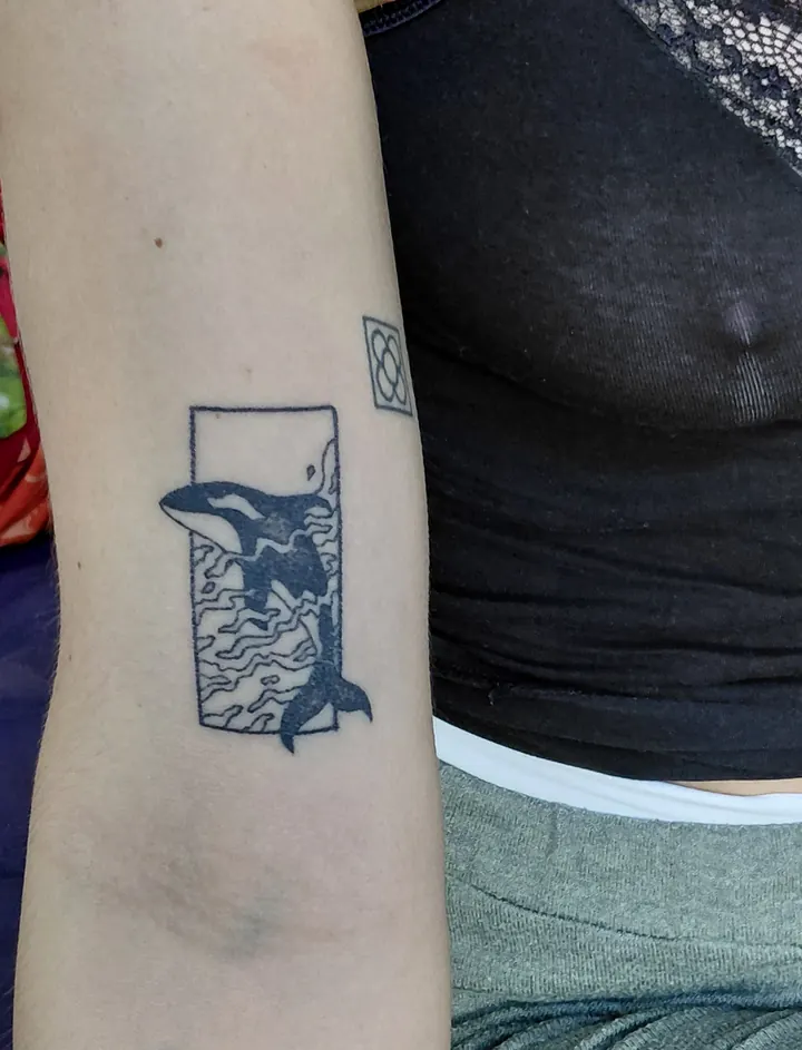 Orca leaping from the waves inside a frame, on the back of the arm