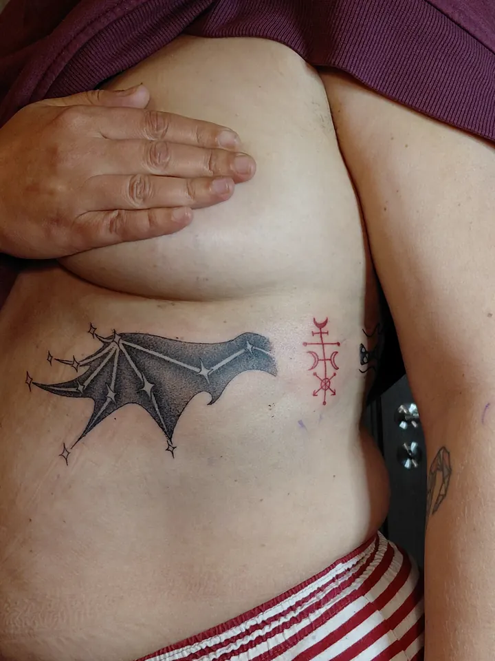 Bat wing with a small red symbol on the ribs