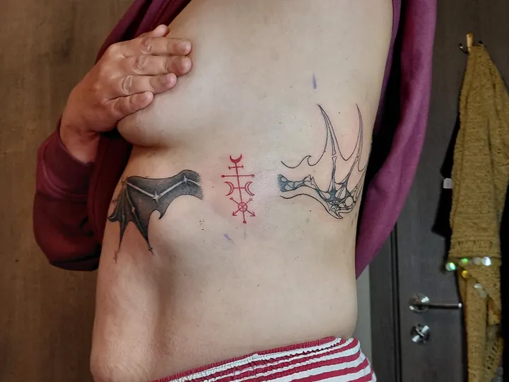 Pair of wings on either side of a red symbol, across the ribs